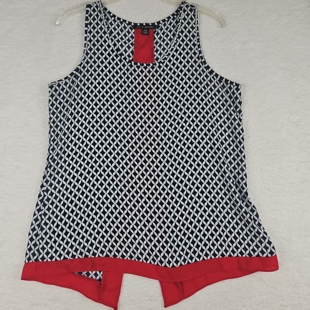 Zac & Rachel Womens M Geo Print Sleveless Top Navy White Red Trim Split Back‎